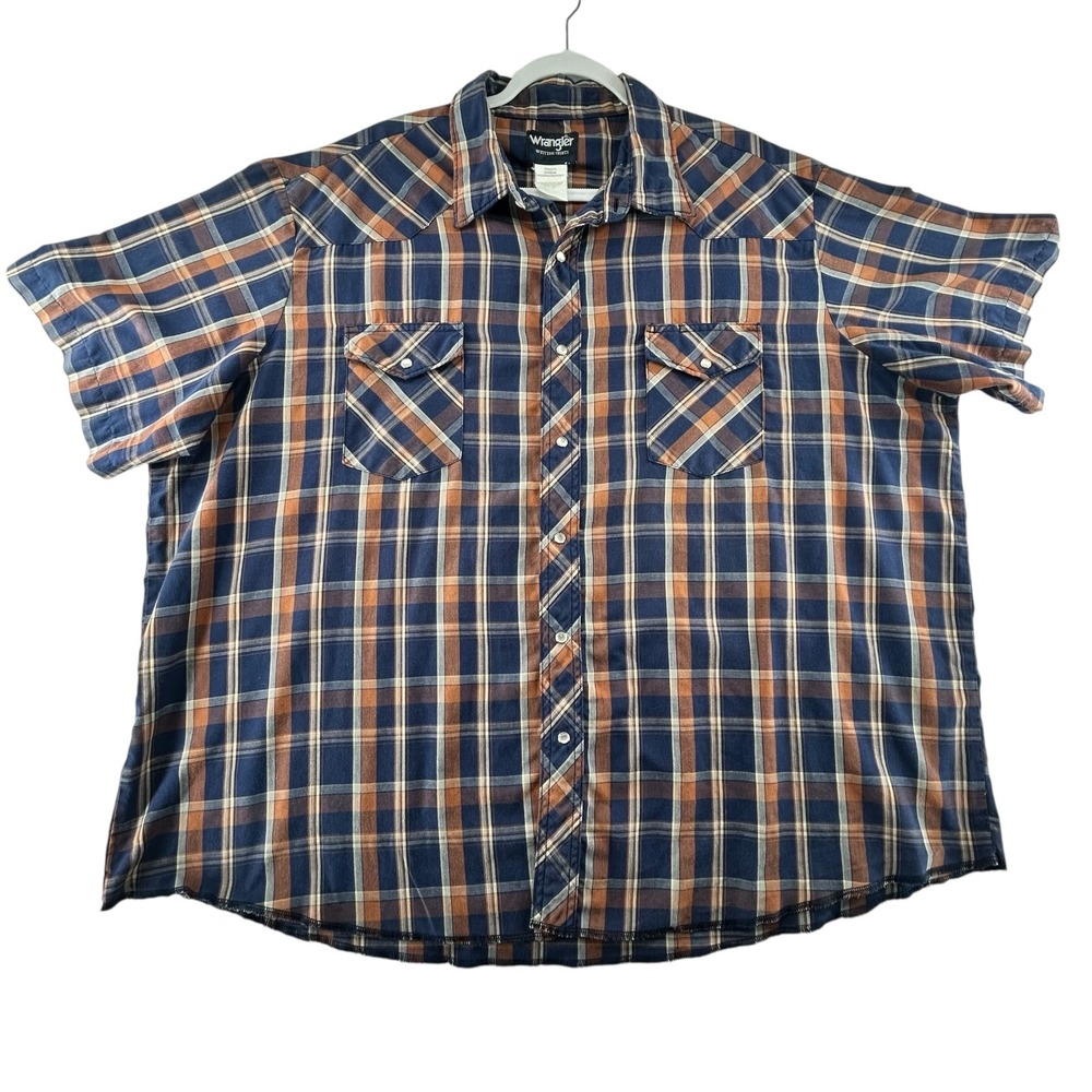 Wrangler Pearl Snap Western Shirt Mens 3X Blue Orange Plaid Short Sleeve Rodeo